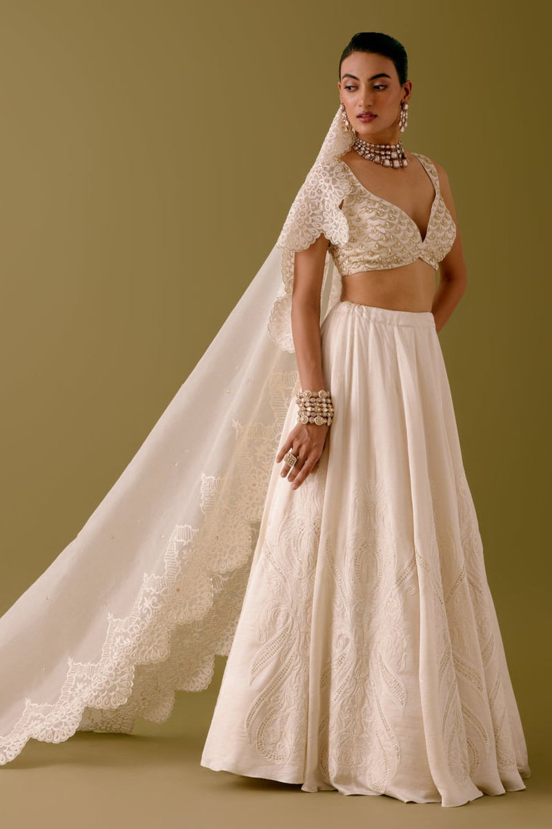 Ivory Embroidered Silk Satin Lehenga