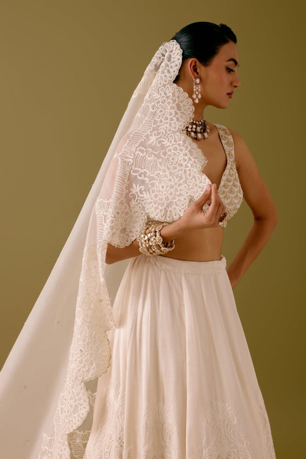 Ivory Embroidered Silk Satin Lehenga