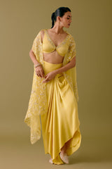 Yellow Sequined Cape and Draped Skirt Set