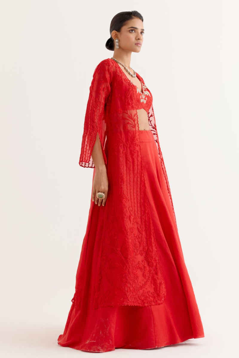 Ruby Red Satin Lehenga and Embroidered Jacket Set