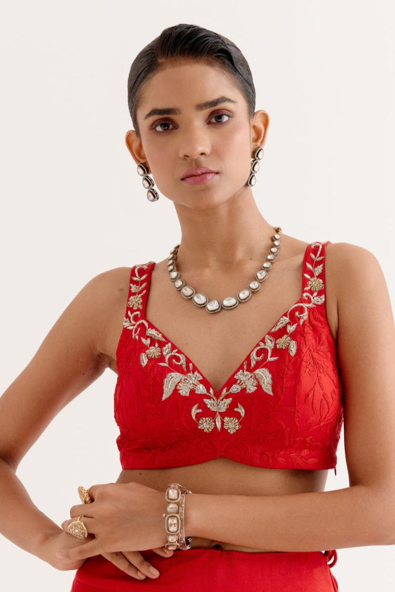 Ruby Red Satin Lehenga and Embroidered Jacket Set