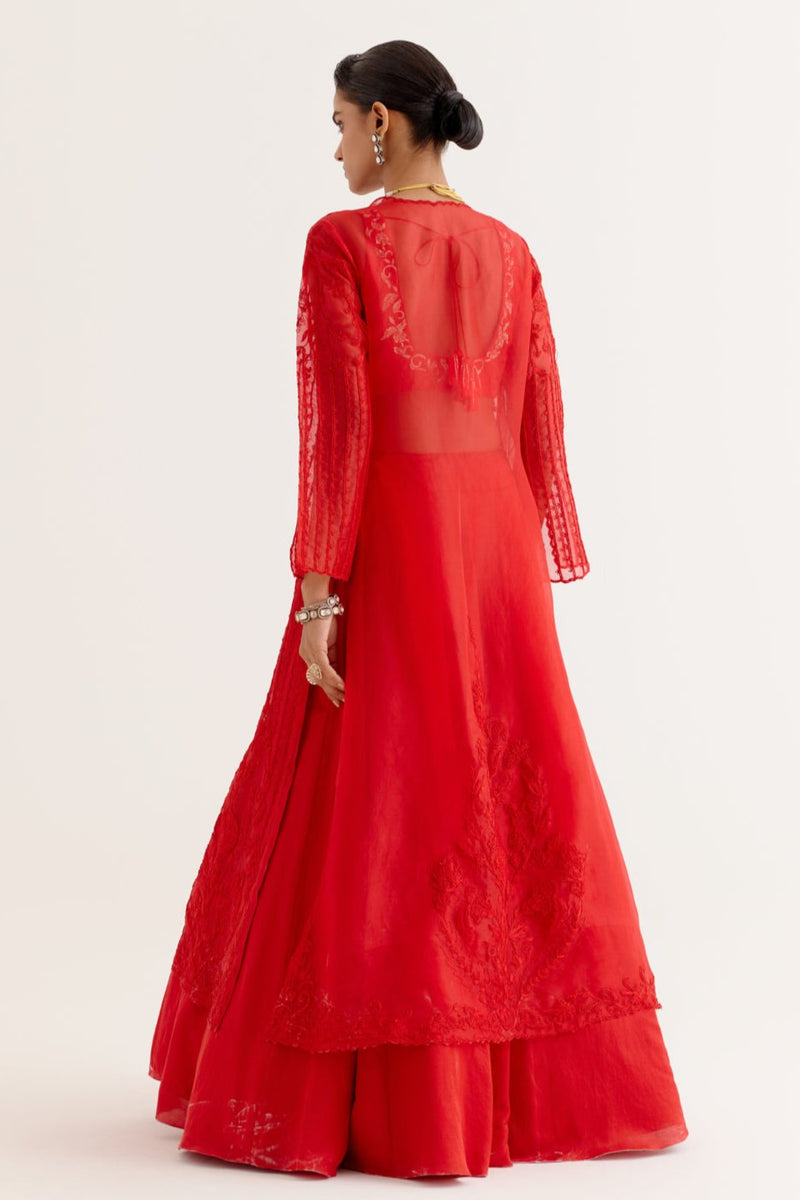 Ruby Red Satin Lehenga and Embroidered Jacket Set