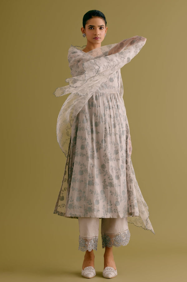 Grey Chanderi Printed Kurta Set