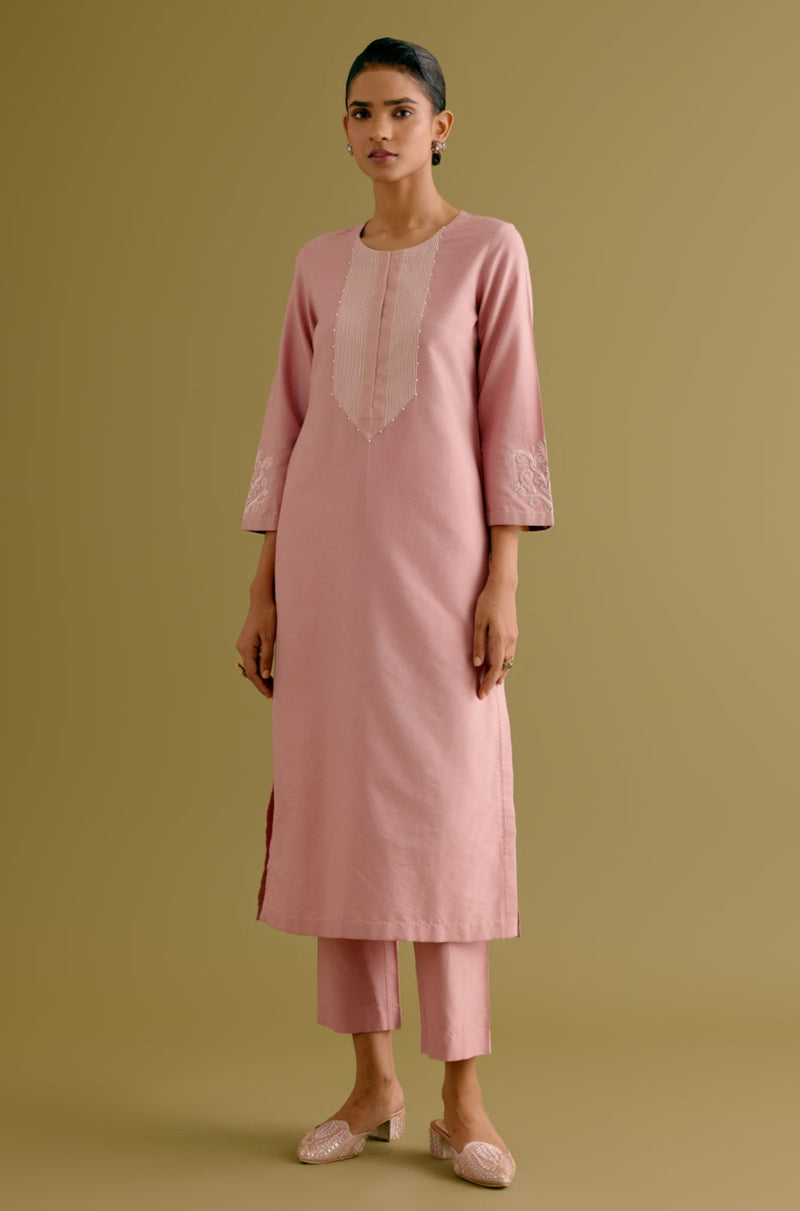 Pink Cotton Silk Blend Dori Embroidered Kurta Set