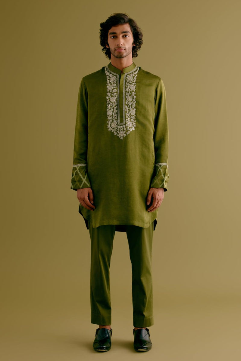 Olive Green Silk Satin Dori Embroidered Kurta Set
