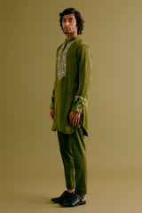 Olive Green Silk Satin Dori Embroidered Kurta Set