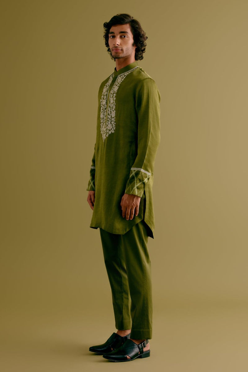 Olive Green Silk Satin Dori Embroidered Kurta Set