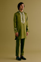 Olive Green Silk Satin Dori Embroidered Kurta Set