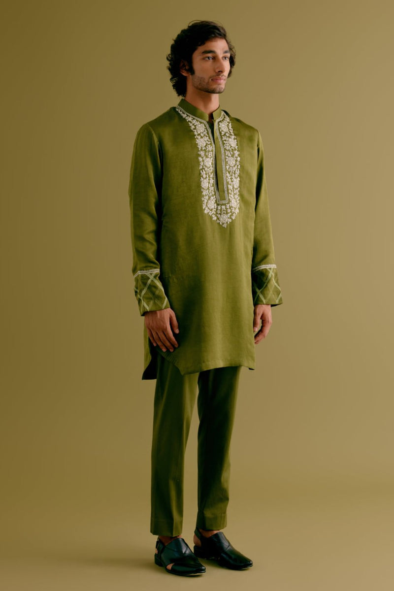 Olive Green Silk Satin Dori Embroidered Kurta Set