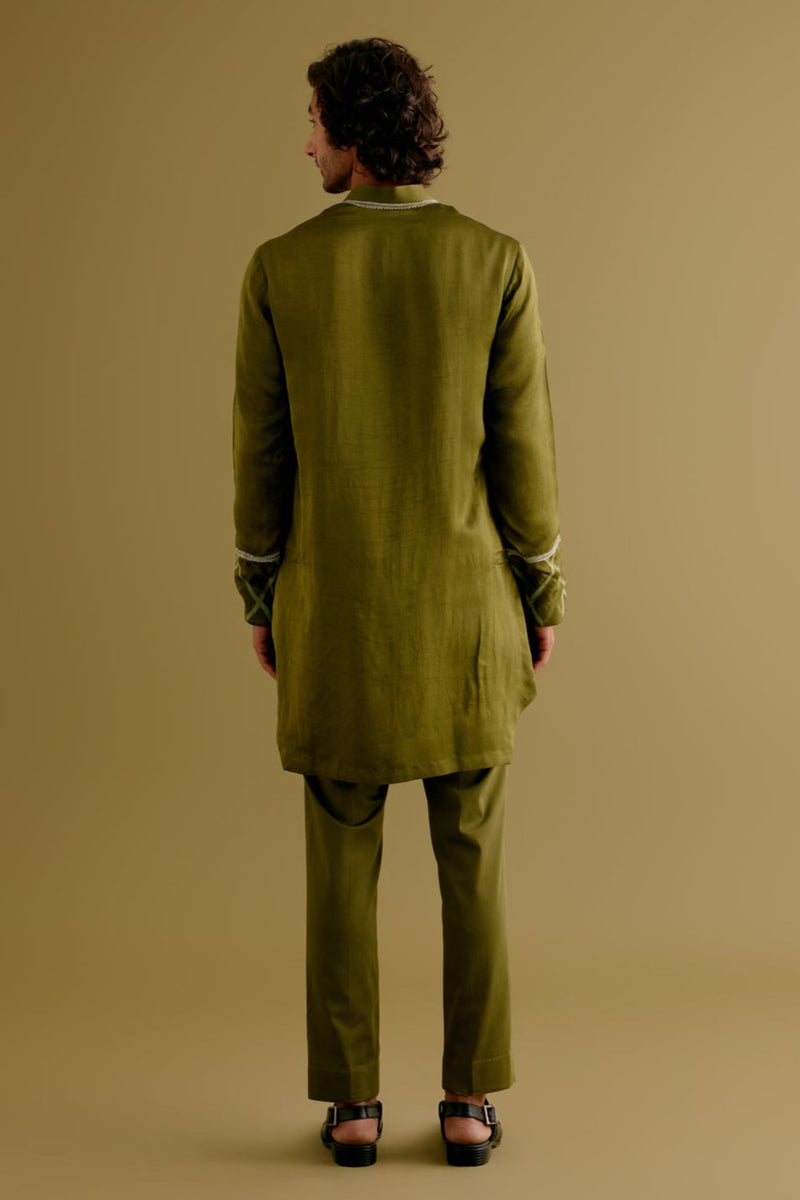 Olive Green Silk Satin Dori Embroidered Kurta Set