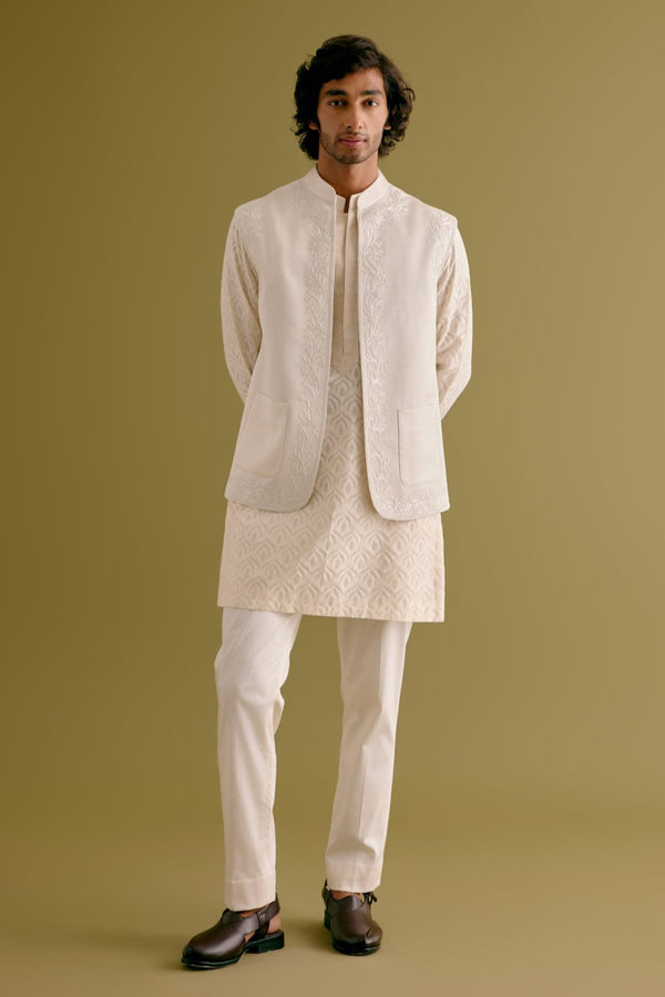 Veer Pahariya in Ivory Woven Kurta Set with Dori Embroidered Bundi