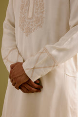 Ivory Silk Satin Dori Embroidered Kurta Set