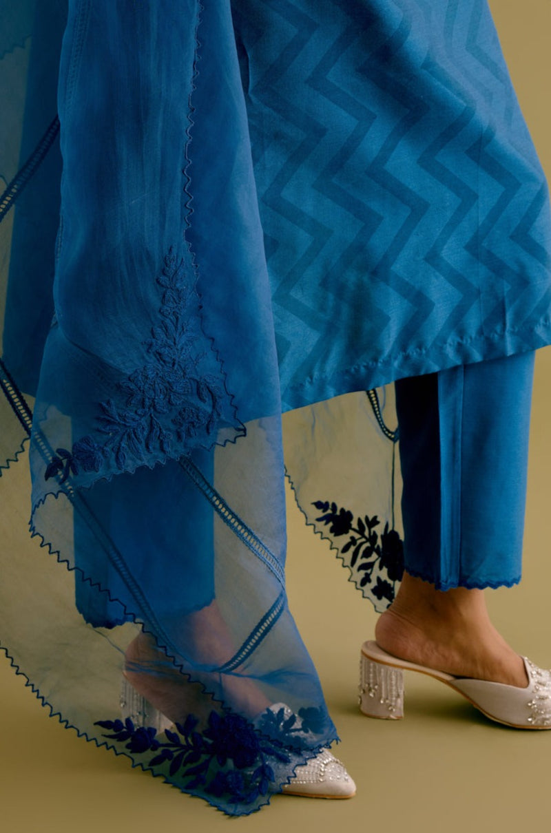 Royal Blue Cotton Silk Blend Block Printed Kurta Set