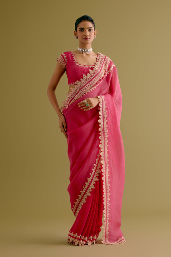 Fuchsia Pink Embroidered Georgette Organza Saree