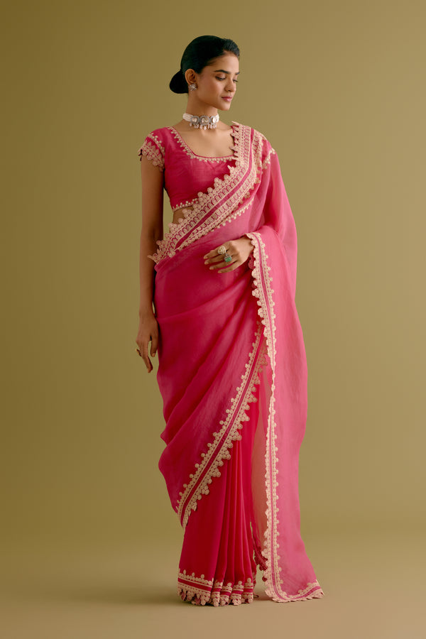 Fuchsia Pink Embroidered Georgette Organza Saree