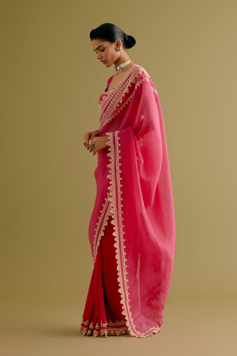 Fuchsia Pink Embroidered Georgette Organza Saree
