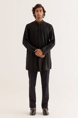 Black Pintuck Dori Embroidered Front-Open Kurta Set