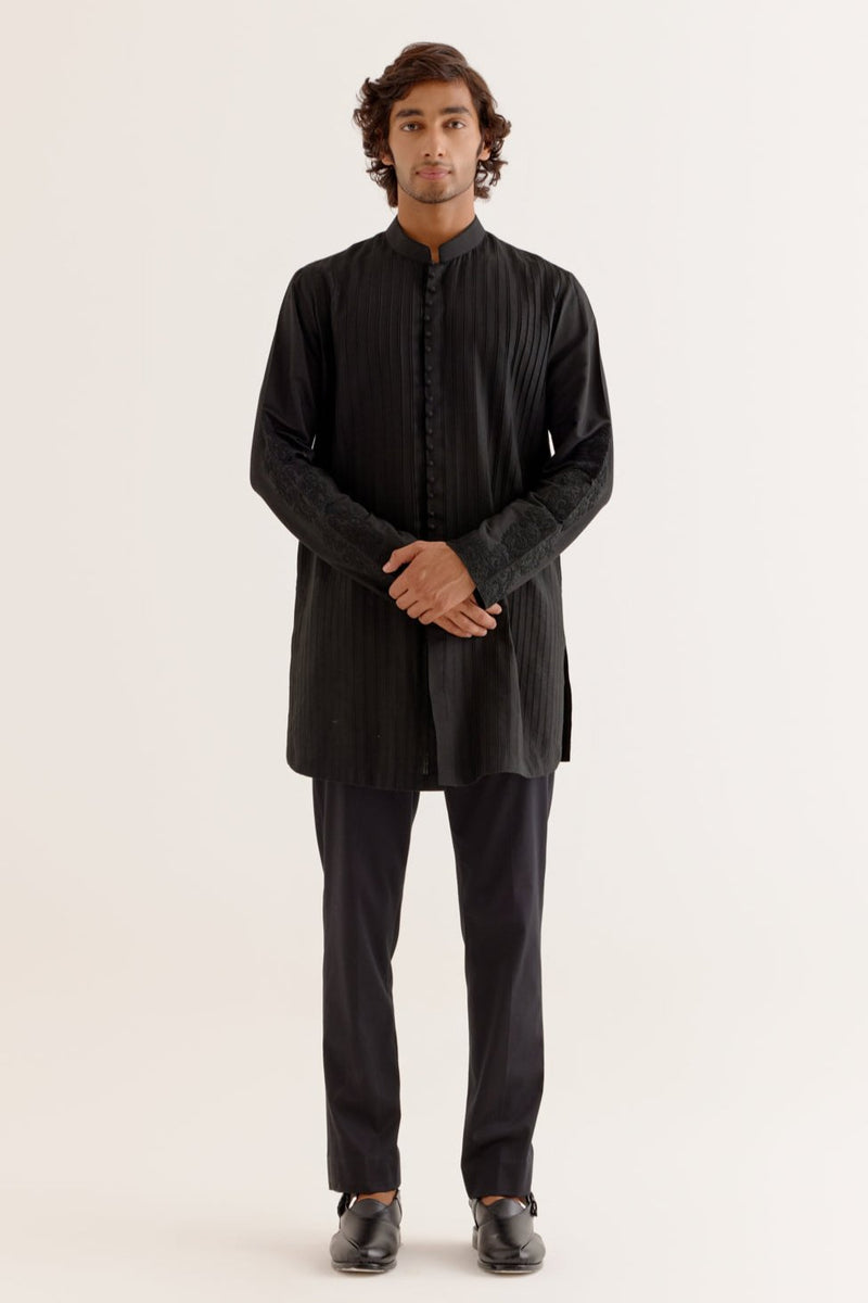 Black Pintuck Dori Embroidered Front-Open Kurta Set