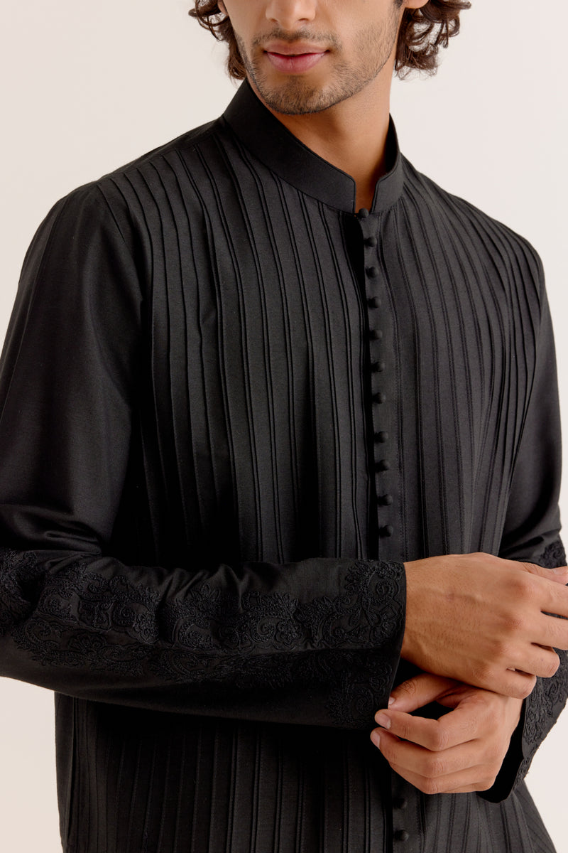 Black Pintuck Dori Embroidered Front-Open Kurta Set