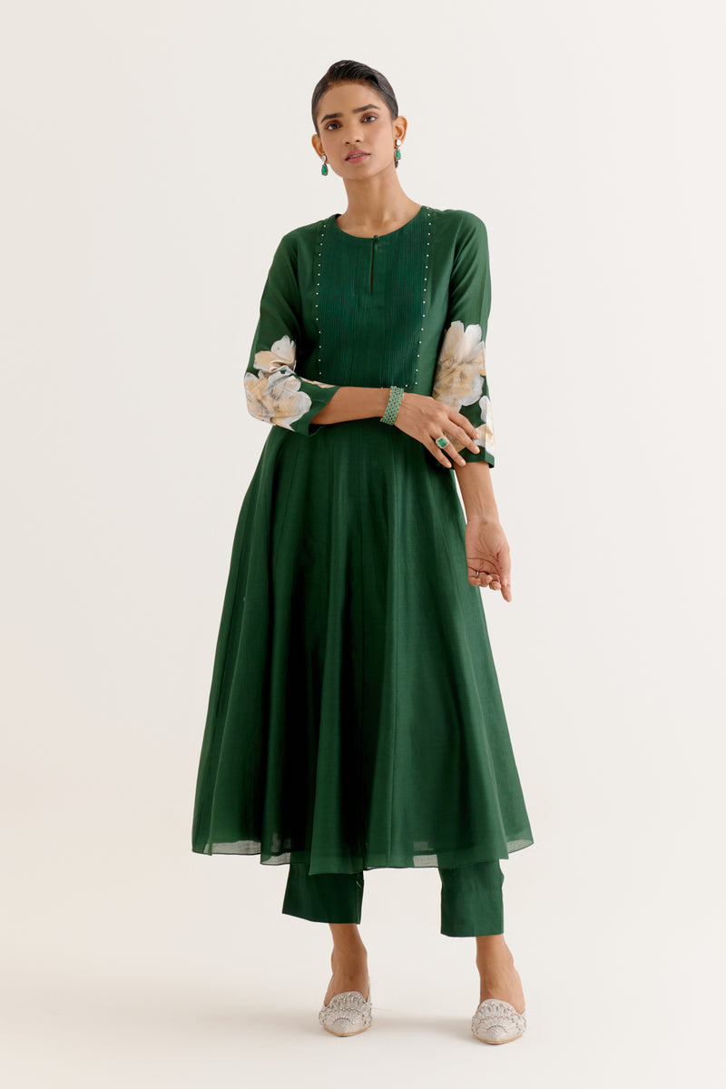 Emerald Green Cotton Silk Blend Hand-Painted Anarkali Set