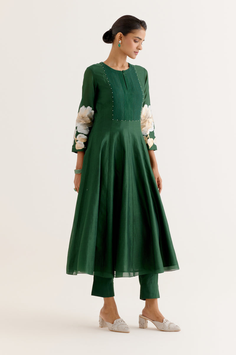 Emerald Green Cotton Silk Blend Hand-Painted Anarkali Set