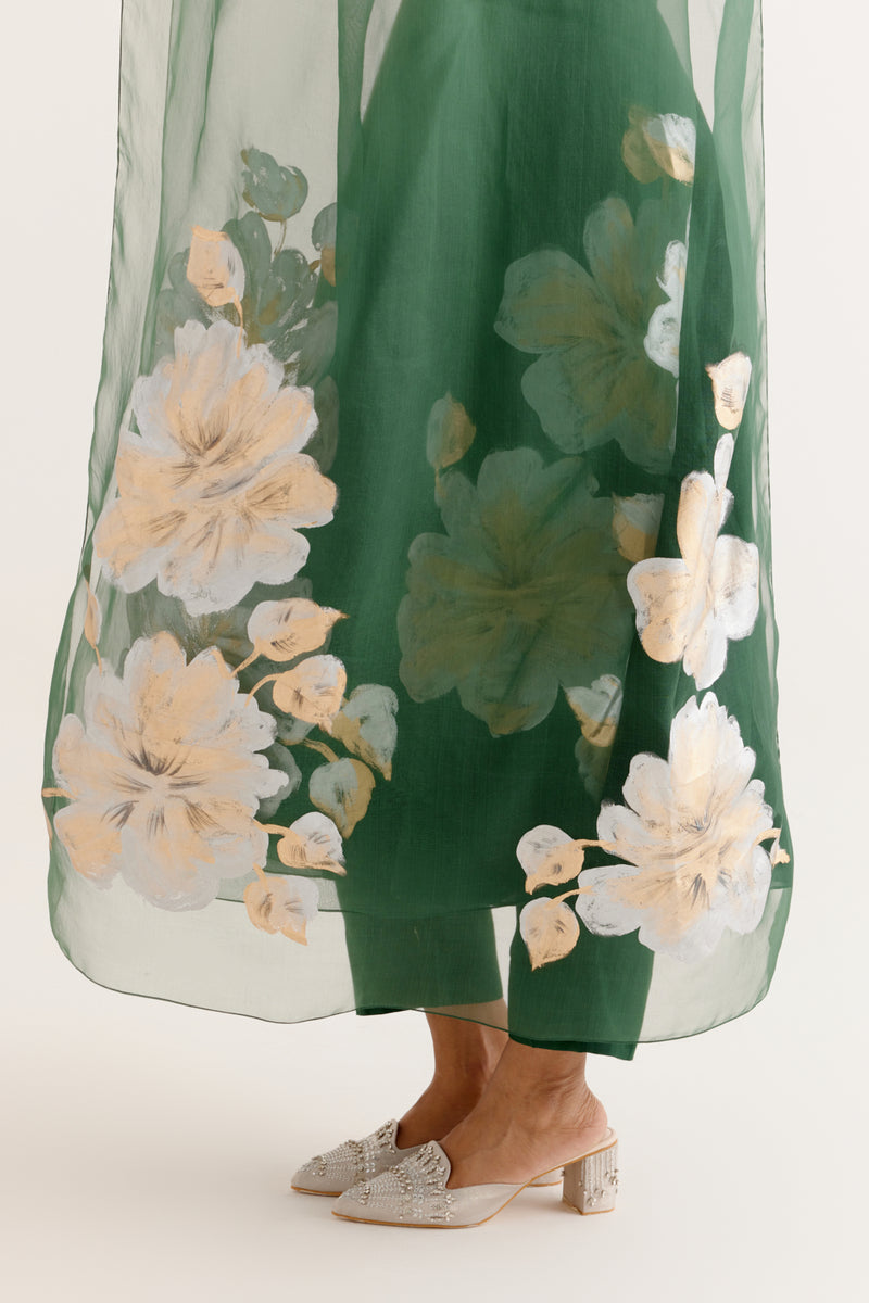 Emerald Green Cotton Silk Blend Hand-Painted Anarkali Set