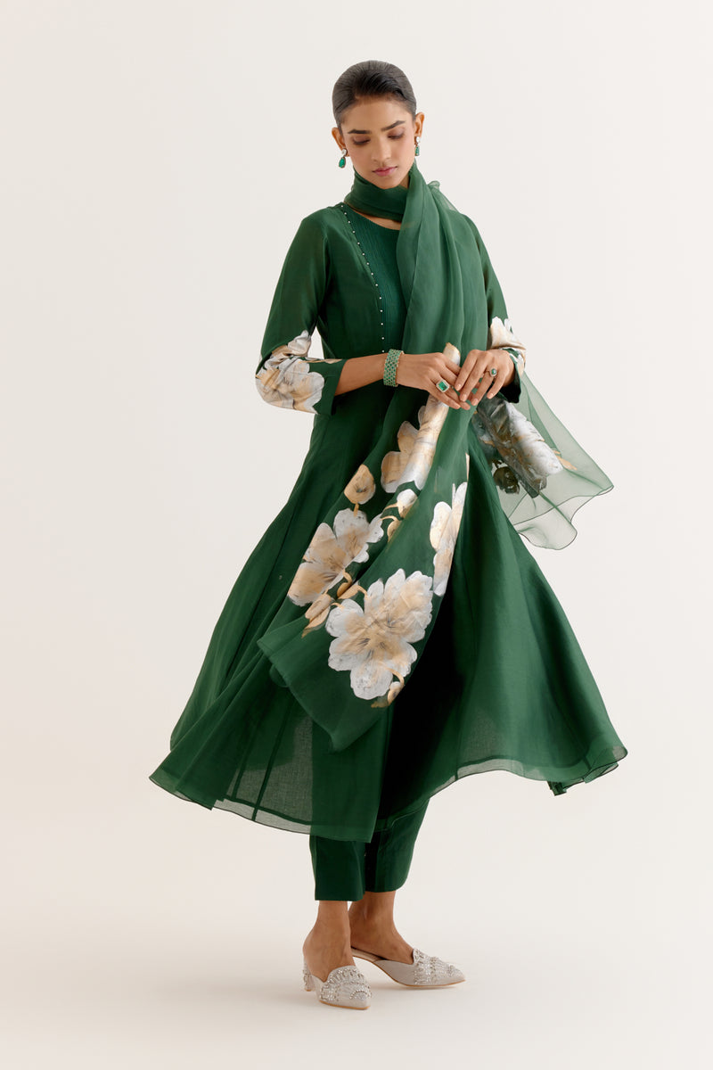 Devnaagri - Emerald Green Cotton Silk Blend Hand-Painted Anarkali Set Devnaagri - Emerald Green Cotton Silk Blend Hand-Painted Anarkali Set