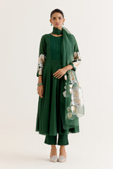 Emerald Green Cotton Silk Blend Hand-Painted Anarkali Set