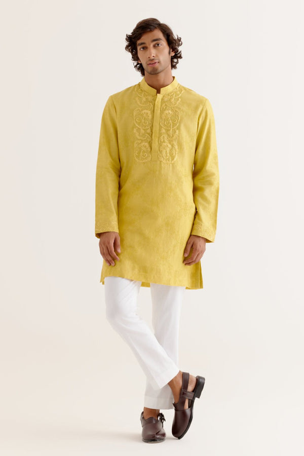 Shubman Gill in Mustard Yellow Block Printed Dori Embroidered Kurta Set