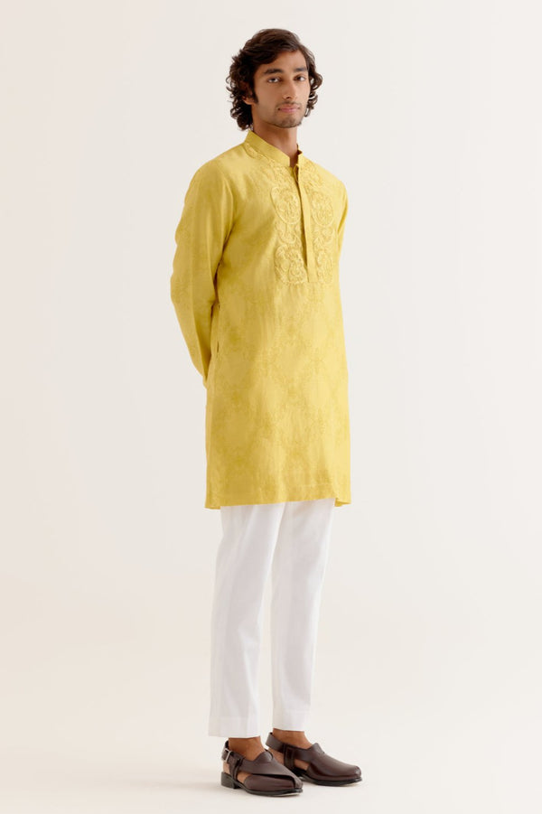 Shubman Gill in Mustard Yellow Block Printed Dori Embroidered Kurta Set