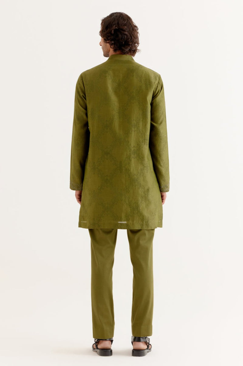 Olive Green Block Printed Dori Embroidered Kurta Set