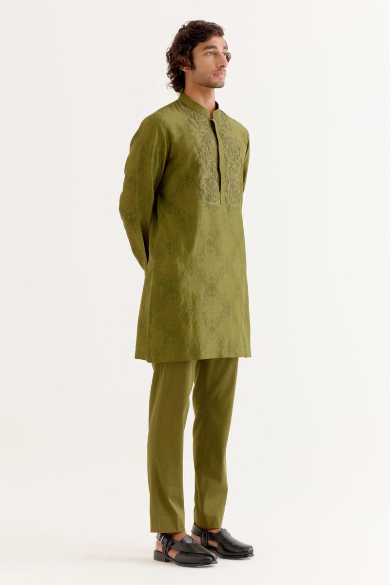 Olive Green Block Printed Dori Embroidered Kurta Set