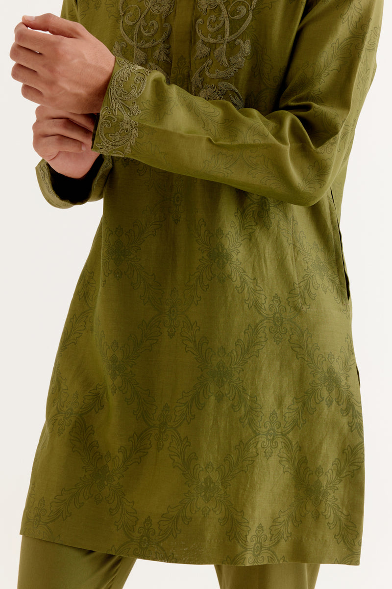 Olive Green Block Printed Dori Embroidered Kurta Set