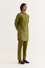 Olive Green Floral Embroidered Chanderi Short Kurta Set