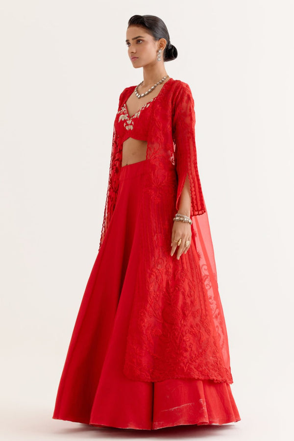 Ruby Red Satin Lehenga and Embroidered Jacket Set