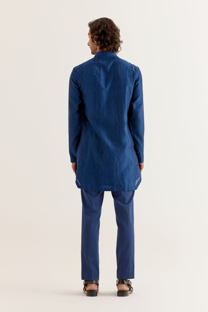 Royal Blue Floral Embroidered Chanderi Short Kurta Set