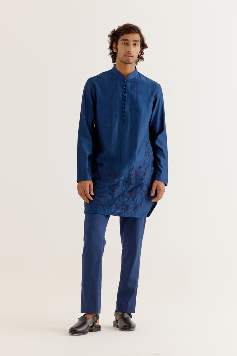 Royal Blue Floral Embroidered Chanderi Short Kurta Set