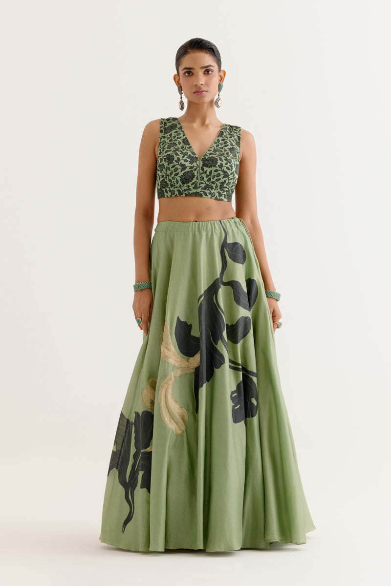 Olive Green Hand-Painted Lehenga Set