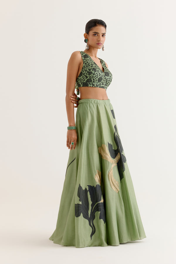 Olive Green Hand-Painted Lehenga Set