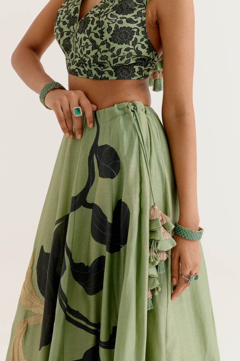 Olive Green Hand-Painted Lehenga Set