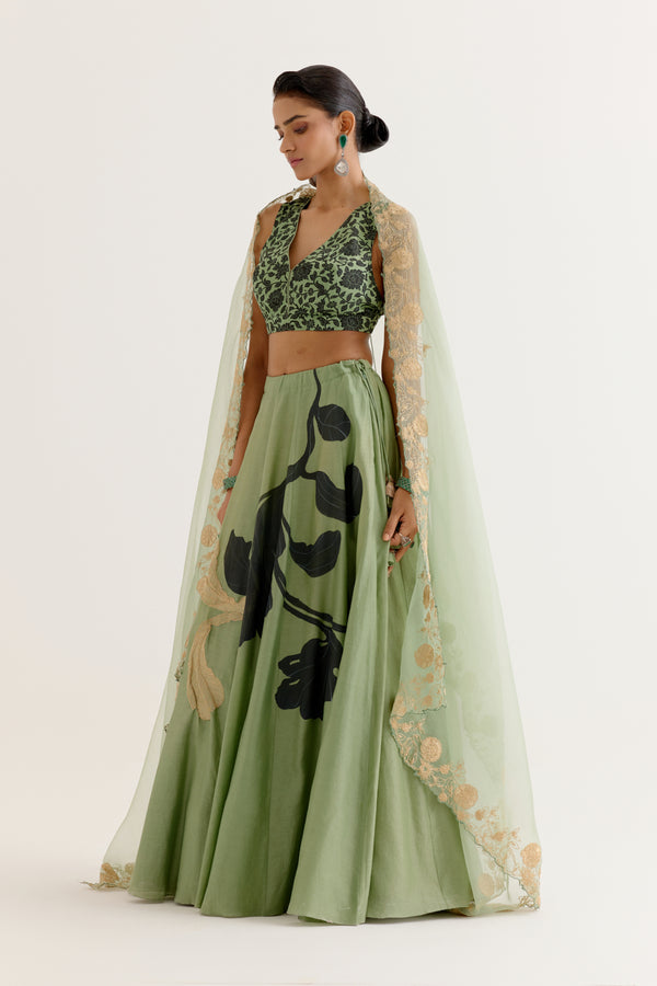 Olive Green Hand-Painted Lehenga Set