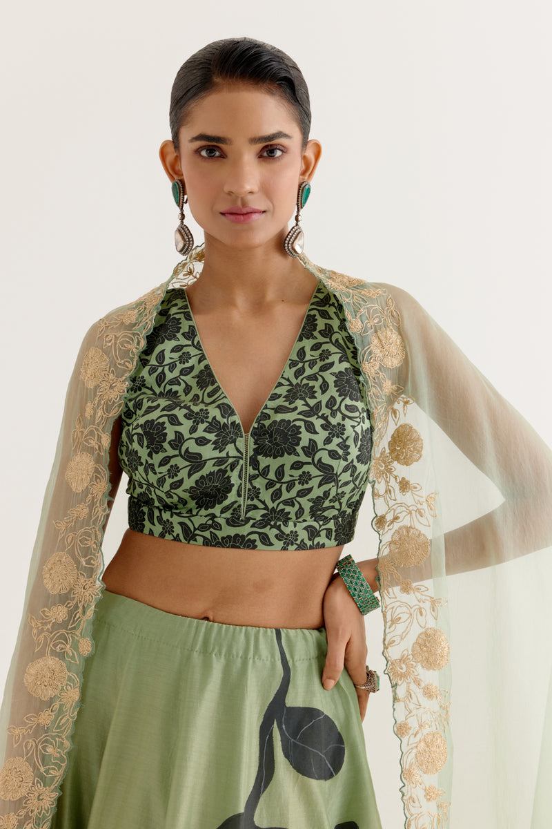 Olive Green Hand-Painted Lehenga Set