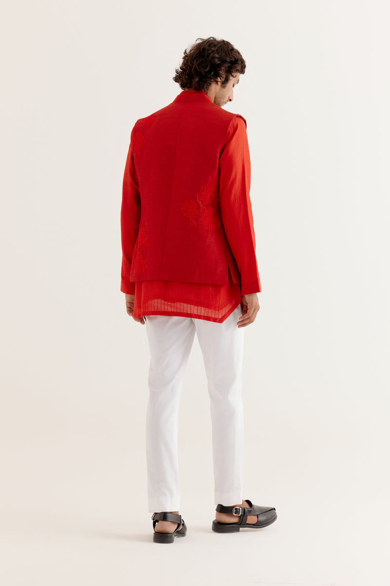 Red Kurta with Embroidered Bundi Set