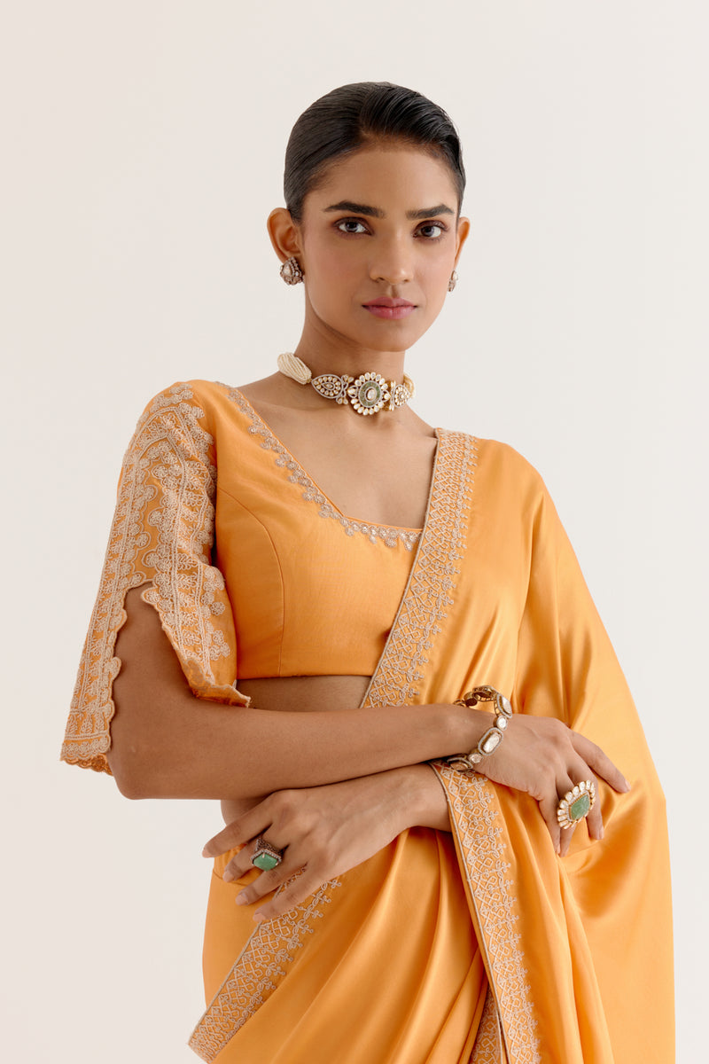 Orange Embroidered Satin Saree
