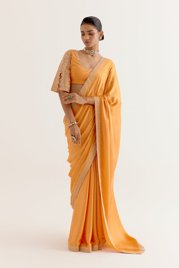 Orange Embroidered Satin Saree