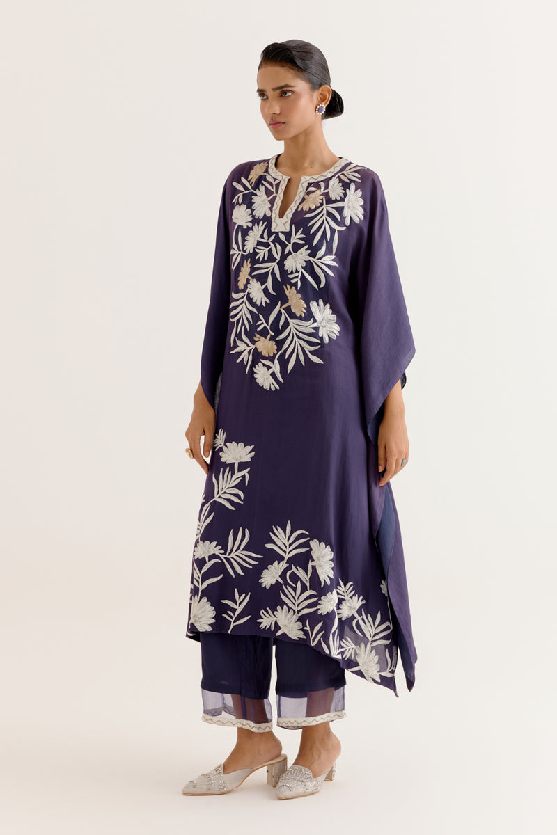 Navy Blue Embroidered Cotton Silk Satin Kaftan Set