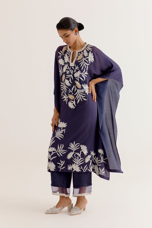 Navy Blue Embroidered Cotton Silk Satin Kaftan Set
