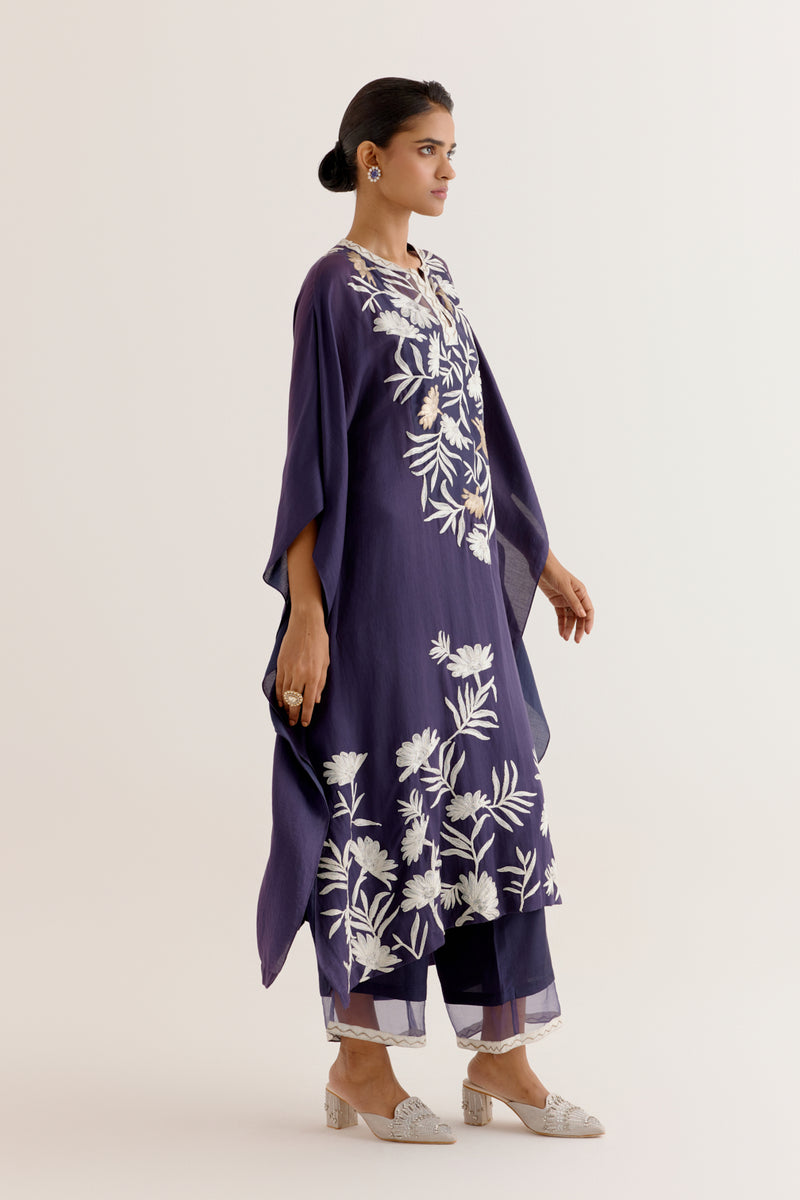 Navy Blue Embroidered Cotton Silk Satin Kaftan Set