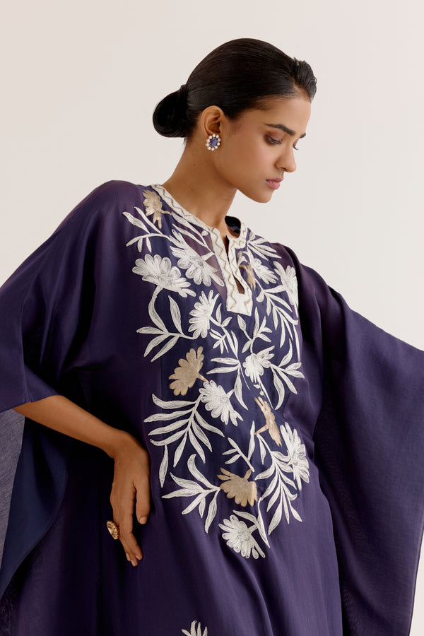 Navy Blue Embroidered Cotton Silk Satin Kaftan Set