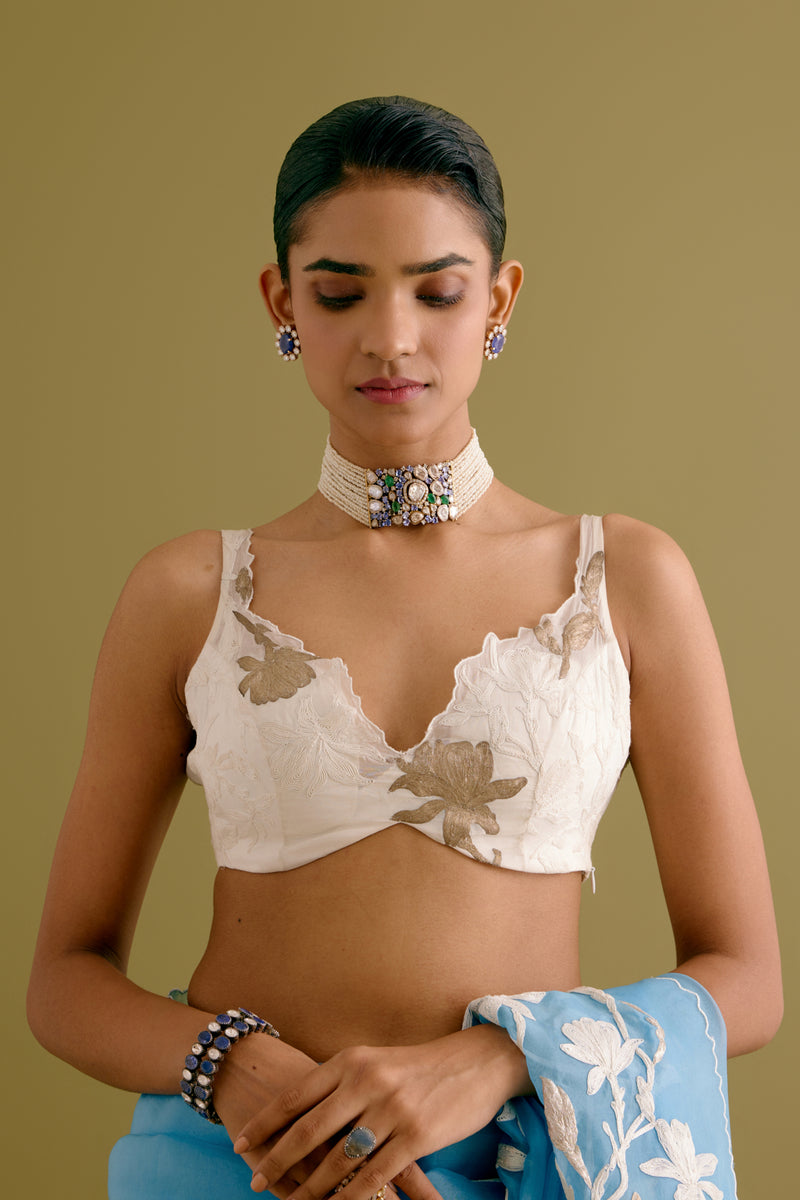 Sky Blue Embroidered Silk Organza Saree